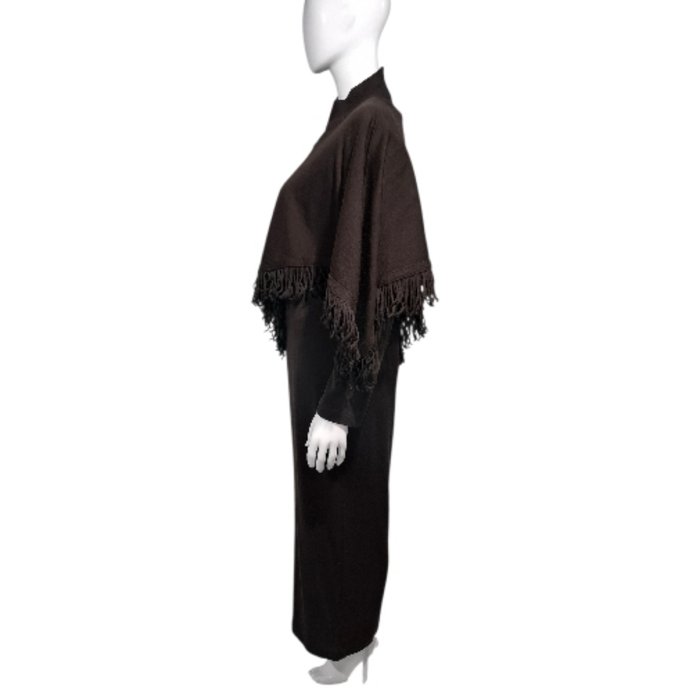 Maggy London XL Brown Wool Blend 2-Piece Knit Sweater Dress & Fringe Poncho Set - Picture 3 of 16